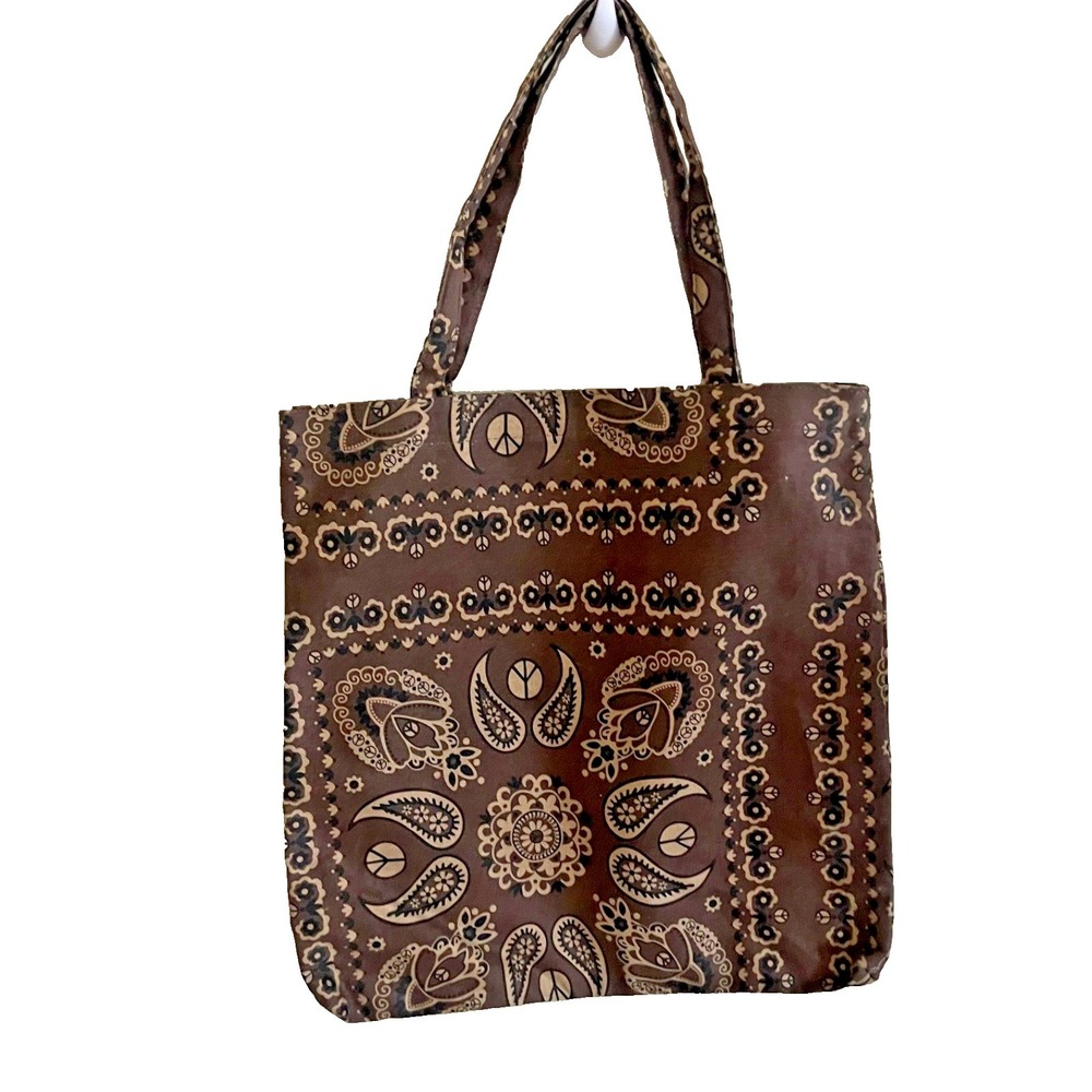 Y2K‎ Brown Paisley Canvas Tote Bag Floral Print Shoulder Strap Denim Feel